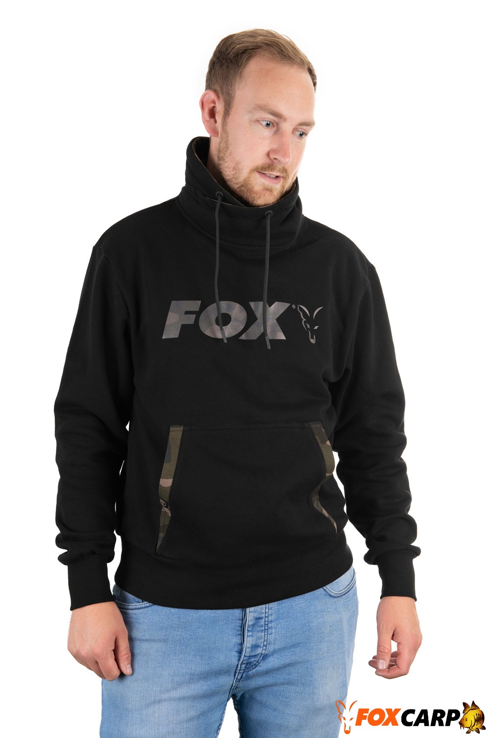 Толстовка кенгуру FOX BLACK/CAMO HIGH NECK